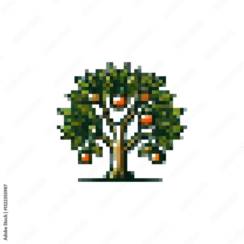 Fototapeta premium Pixel icon orange tree. Tree logo with fruits vector. Tangerine tree icon. Spring trees. Fruit tree vector icon pixel style. Stylish retro tree icon.