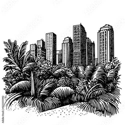 Urban jungle tattoo illustration showcasing nature thriving alongside city skyscrapers in a captivating vector design