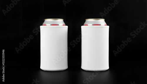 Blank white collapsible beer can koozie mockup isolated, side view, 3d rendering. Empty neoprene cooler holder mock up for tin beverage. Plain drinkware hugger design template. Fizzy pop soda sleeve photo