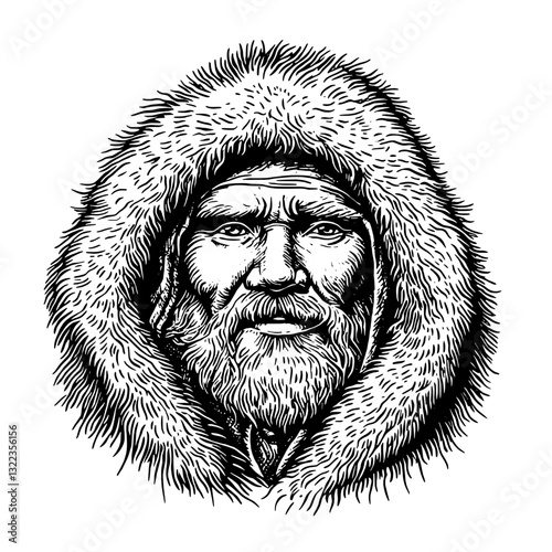 Intricate engraved illustration of a wise elder wearing a fur-lined hood symbolizing resilience and heritage in a cold climate