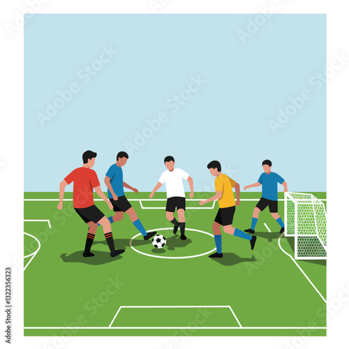 Soccer players competing for the ball on a vibrant green field vector art