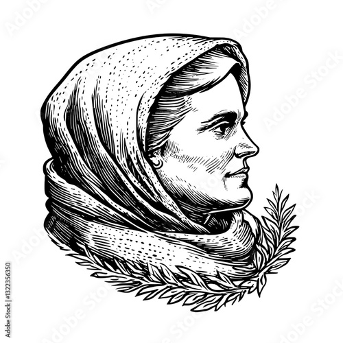 Elegant portrait of a woman wrapped in a scarf, surrounded by floral elements, created for tattoo enthusiasts and artistic packaging designs