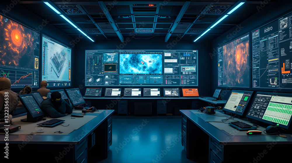 Fototapeta premium Futuristic Cyberpunk Control Room with Data Screens and High-Tech Monitors