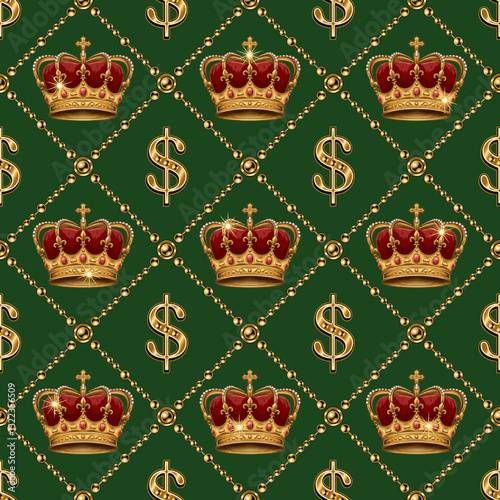 Diagonal cross line square grid pattern with imperial golden crown, dollar sign, jewelry chains. Seamless background. Vintage style.