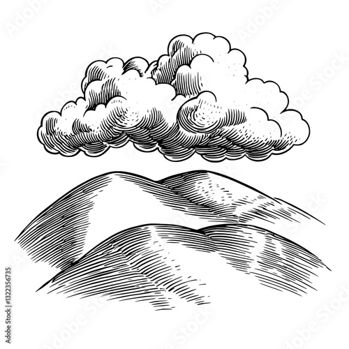 Elegantly engraved vector illustration of a cloud drifting over rolling hills, perfect for tattoo and packaging designs