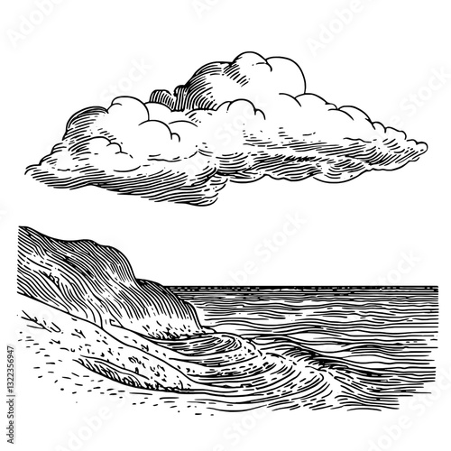 Engraved vector illustration of a tranquil seaside landscape featuring waves and clouds for artistic tattoo inspiration