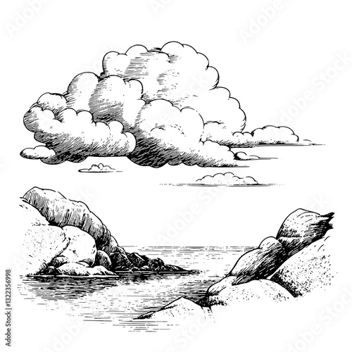 Elegant coastal landscape featuring stylized clouds and rocky shores in detailed vector illustration for tattoo and packaging design