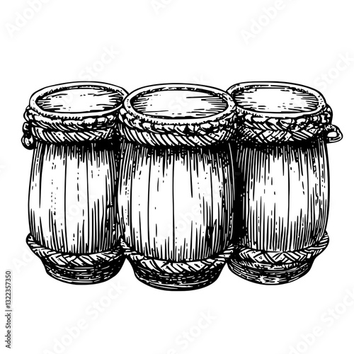 Engraved vector illustration of traditional wooden barrels for tattoo and packaging design inspiration