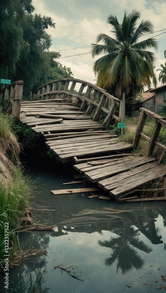 Fototapeta premium Old collapsing wooden bridge falling into the canal in a rural village. Selective focus.