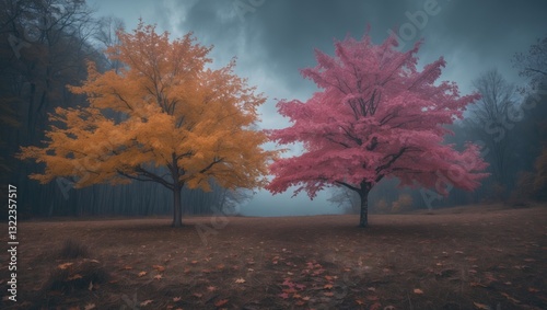Maple tree through the four seasons, showcasing a landscape with the conceptual transformation of seasons.