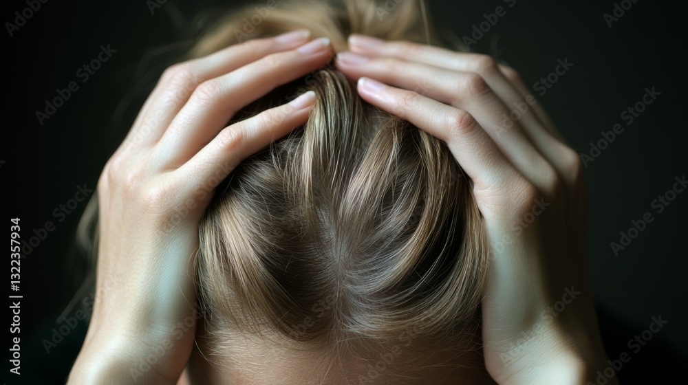Naklejka premium A woman, head bowed, cradles her head in her hands, depicting a moment of introspection or strain in a dimly lit setting.