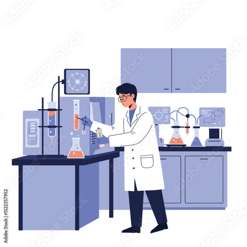 Scientist conducting experiments in a modern laboratory with minimal design vector illustration