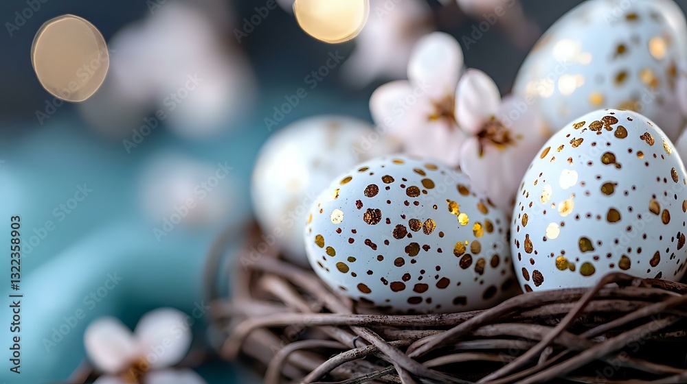 Obraz premium Speckled blue quail eggs with gold spots in natural twig nest against turquoise background with soft bokeh lights. Easter or spring composition.
