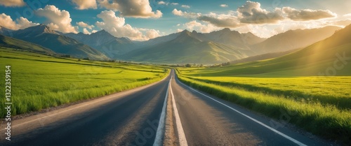 Mountain road. Landscape featuring a green field, sunny sky with clouds, and a picturesque asphalt road in the early morning. Scenic backdrop. Route to mountains. Transportation, direction, busines...