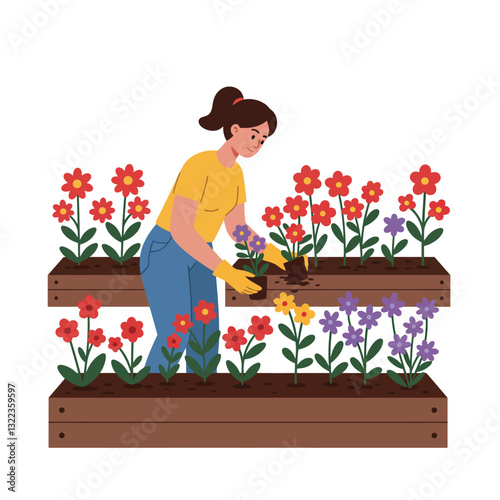 Woman planting flowers in garden bed with flat design vector art