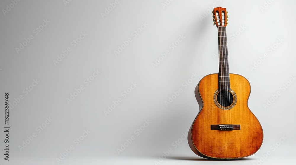 Obraz premium A solitary acoustic guitar, its wooden body gleaming under the soft, diffused light of a white background, stands as a symbol of tranquility and musical expression.