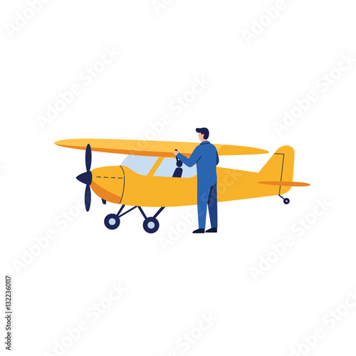 Airplane maintenance technician working on yellow aircraft in flat vector art
