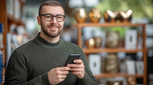 Businessman checks stock portfolio on smartphone amid luxurious surroundings, smiling at financial success photo