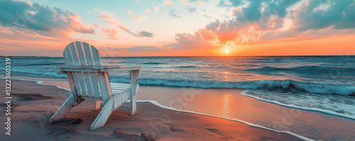 Serene sunset over ocean with empty adirondack chair on sandy beach