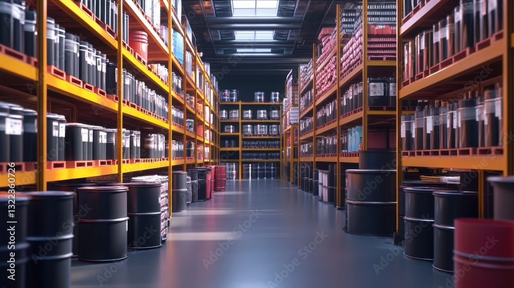 Industrial warehouse interior with rows of barrels and shelves, sunlight shining through skylights Industrial warehouse interior with rows of barrels and shelves, sunlight shining through skylights