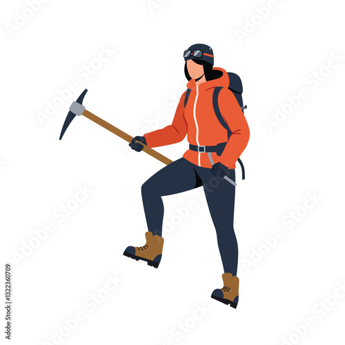 Climber wearing orange jacket and boots in flat vector illustration style