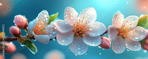 Close-up of dewy cherry blossoms in full bloom against vibrant blue background