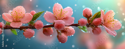 Dew-kissed pink cherry blossoms on a vibrant spring morning with dewdrops