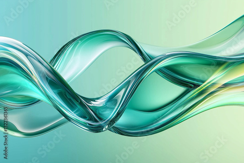 Abstract background with green and blue fluid glass waves. 3d abstract liquid glass transparent clear ribbon wave line on green background. Water fluid flow curve shape