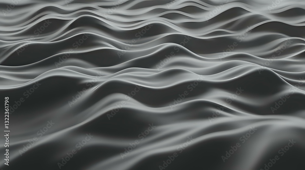 Monochromatic waves create abstract flowing pattern with smooth undulating lines and curves in black and white, suggesting liquid surface or digital terrain. Monochromatic waves create abstract flowing pattern with smooth undulating lines and curves in black and white, suggesting liquid surface or digital terrain.