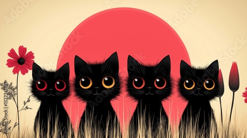 Four Adorable Black Cats Silhouette: Charming quartet of stylized black cats with expressive eyes, set against a stylized red sun, bringing a touch of whimsical art.