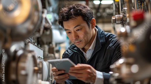 An engineer, his brow furrowed in concentration, held a digital tablet aloft as he meticulously inspected the operation of a plastic machine, his phone buzzing with messages from his team, ensuring