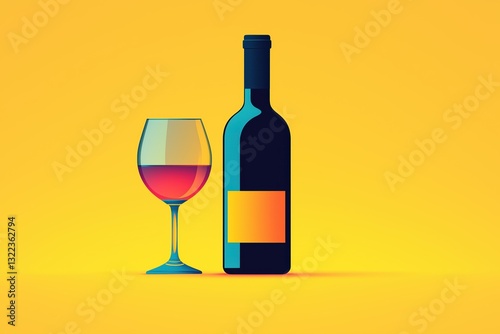 A colorful wine bottle and glass stand out against a bright yellow background, adding vibrancy to any occasion