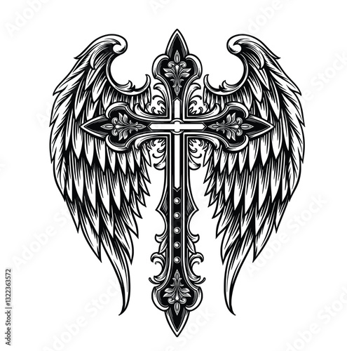 Christian Cross Black Ornament with wing isolated on white background. cross vector illustration