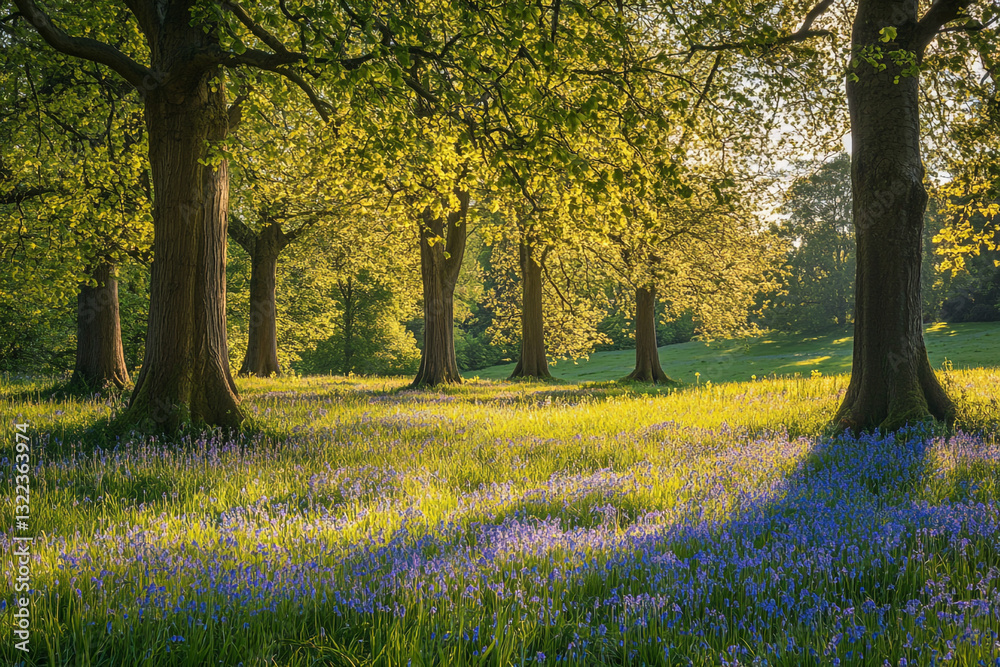 Serene spring woodland scene with bluebells and sunlight trees park green field image photo flora Serene spring woodland scene with bluebells and sunlight trees park green field image photo flora