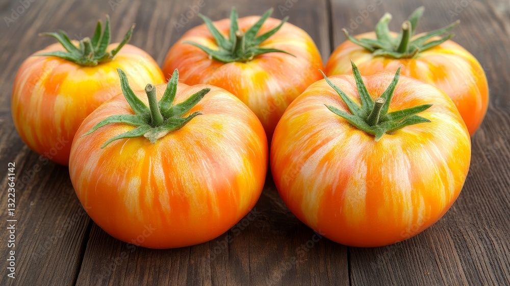Obraz premium Ripe tigerella tomatoes resting on rustic wooden table