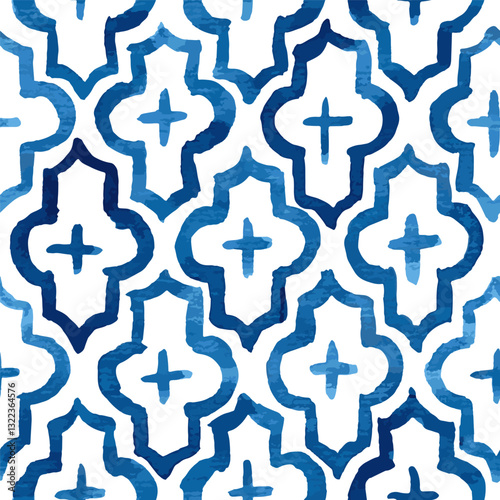 Blue ink quatrefoil ornament, seamless vector pattern in oriental style