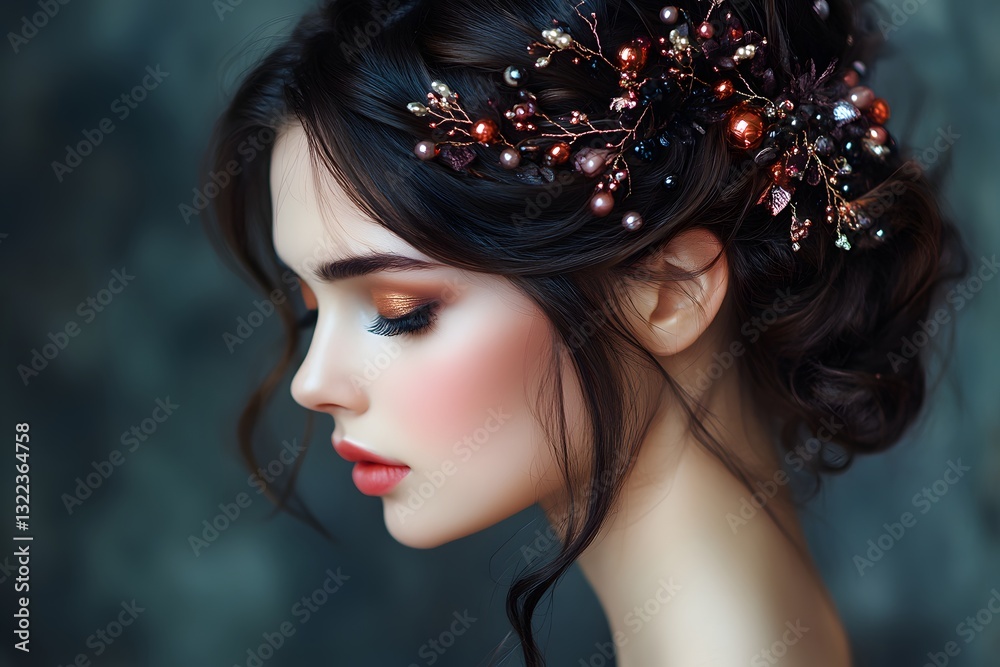 Fototapeta premium Woman with a long dark hair and a black headband. She has red lips and a red dress