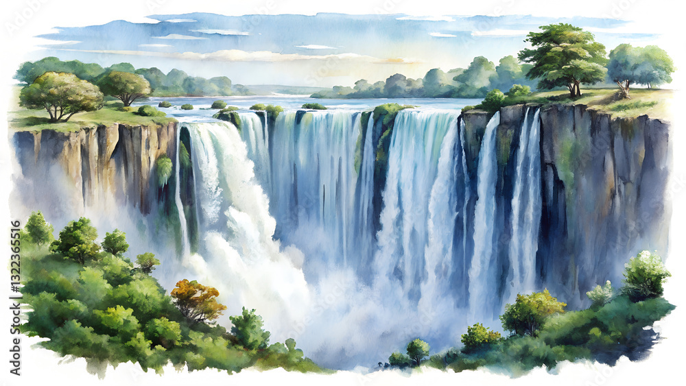 Fototapeta premium Elegant hand-drawn watercolor illustration of Victoria Falls landscape painting on white background, showcasing the beauty and power of nature in vibrant colors