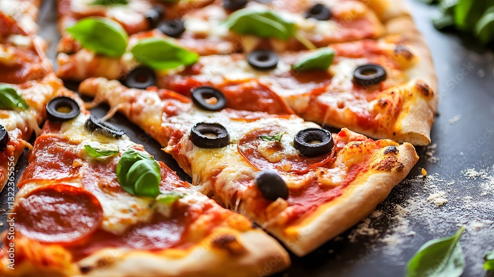 Slice of pizza with olives and basil on top. The pizza is cut into eight pieces Slice of pizza with olives and basil on top. The pizza is cut into eight pieces