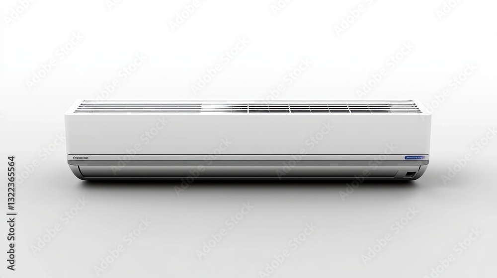 A stark white air conditioner, its sleek design and pristine white finish sharply defined against a pristine white backdrop, stands isolated, its form devoid of any distractions, offering viewers a