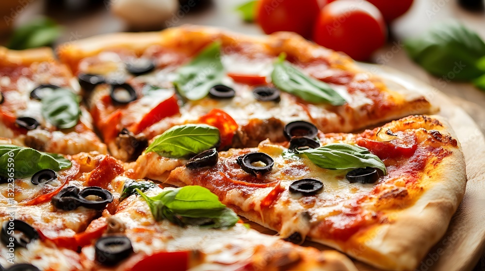 Slice of pizza with olives and basil on top. The pizza is cut in half and placed on a wooden cutting board Slice of pizza with olives and basil on top. The pizza is cut in half and placed on a wooden cutting board