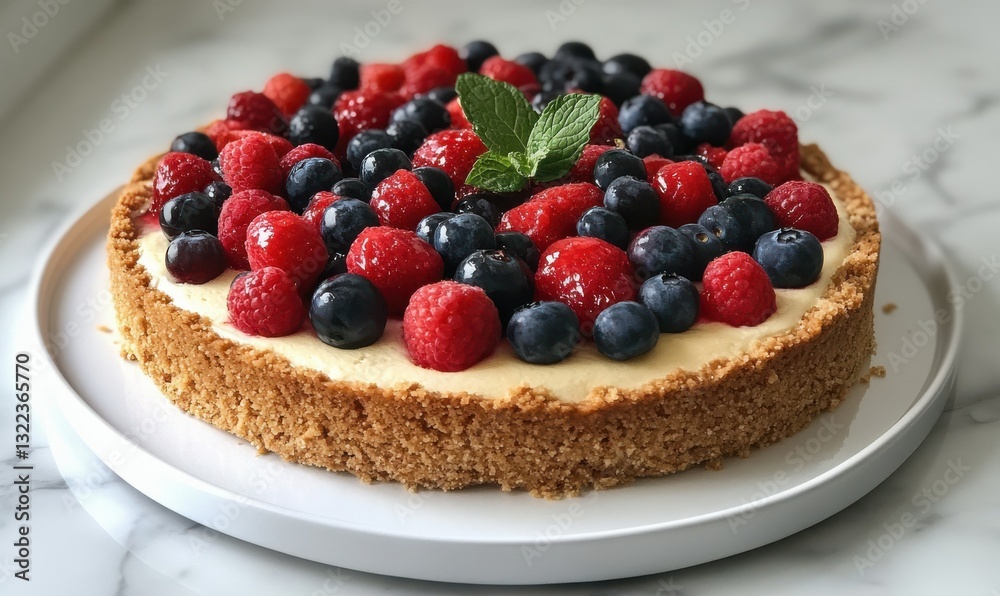 A delicious cheesecake topped with berries and mint leaves. A delicious cheesecake topped with berries and mint leaves.
