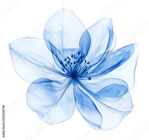 A delicate blue flower displayed on a white background, captured from a top view in an X-ray style, showcasing its transparent petals and intricate details.