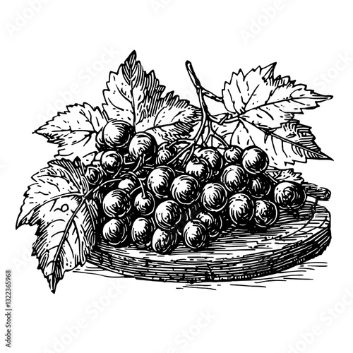 Engraved illustration of a grape bunch resting on a wooden platter surrounded by leafy vines for artistic tattoo or packaging design