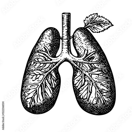 Intricate engraving of lungs with leaf design capturing the essence of nature and health in a unique vector style