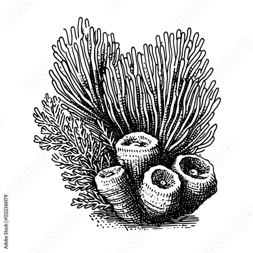 Intricate engraved illustration of coral formations suitable for tattoo and packaging designs