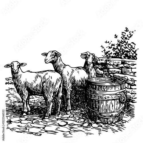 Engraved illustration of three sheep near a wooden barrel in a rustic farm setting