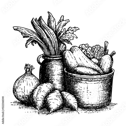 Bountiful harvest illustration featuring detailed engraving of fresh vegetables in rustic containers