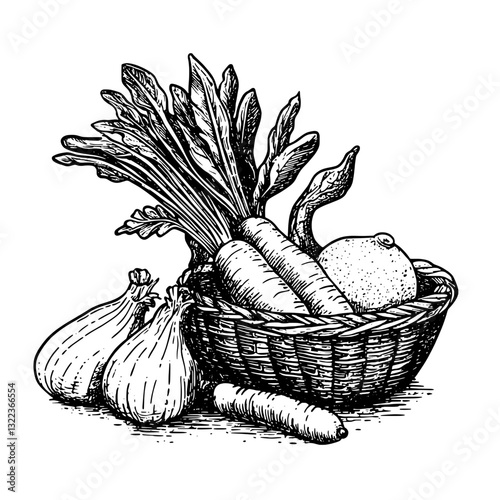 Engraved vector illustration of a beautifully arranged basket of fresh vegetables and fruits for artistic tattoo designs