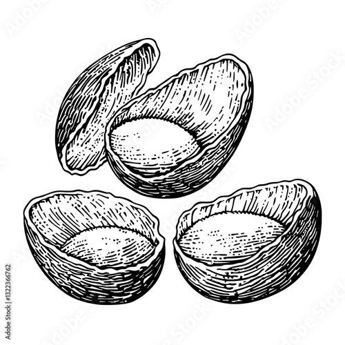Engraved vector illustrating intricately detailed open shells for tattoo designs and artistic packaging inspirations